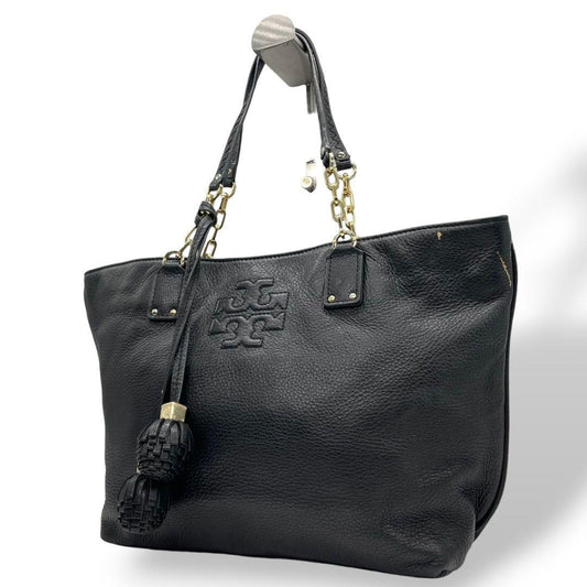 トリーバーチ トートバッグ 黒 マリオン レザー ロゴ タッセル ワンショルダー A4収納 自立可 肩掛け可 チェーン ハンドバッグ ブラック ゴールド金具 TORY BURCH