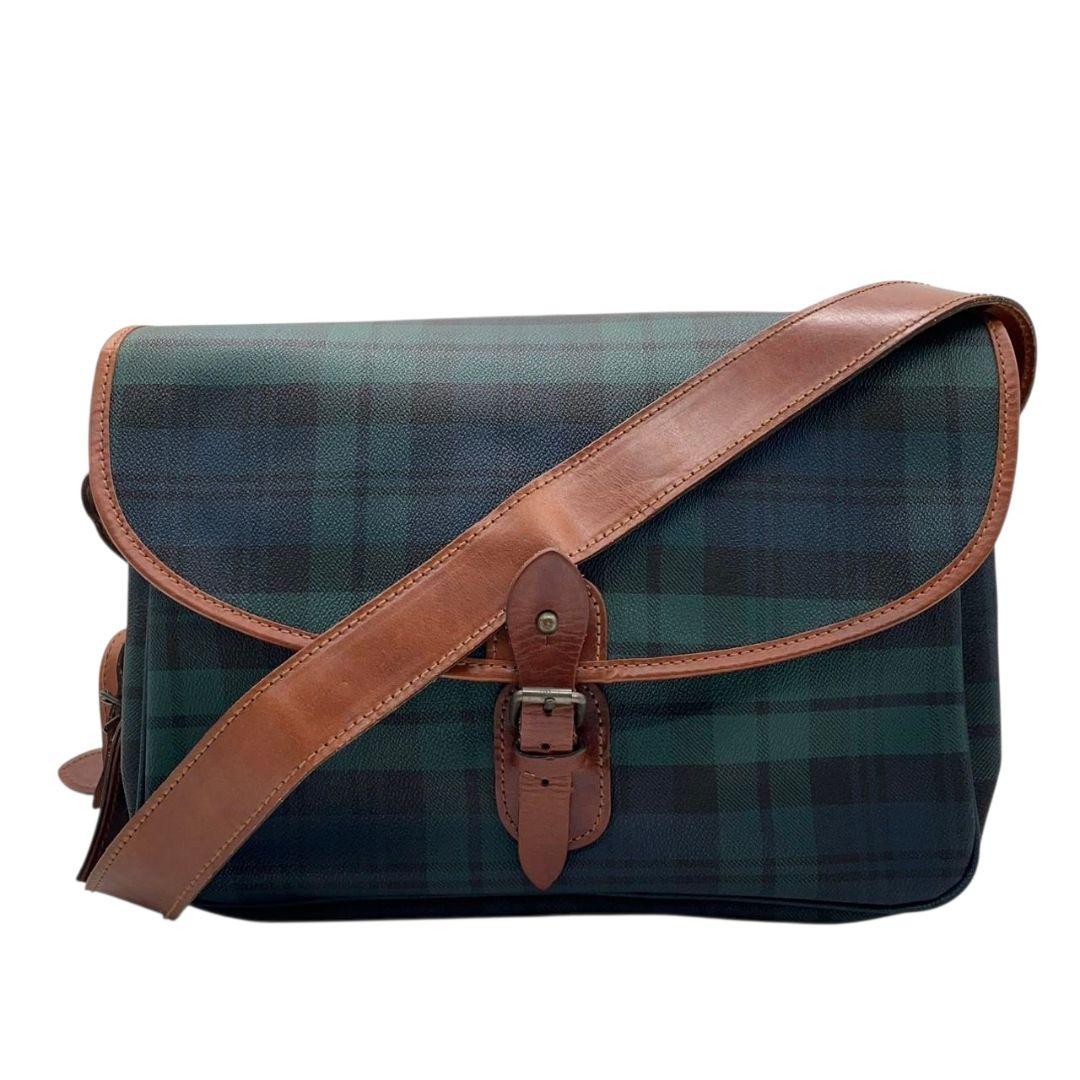 POLO RALPH LAUREN ポロラルフローレン ショルダーバッグ グリーン 緑 タータンチェック PVC レザー 本革 ロゴプレート ポニーロゴ ゴールド金具 斜め掛け可 クロスボディ u11 メンズ レディース ユニセックス