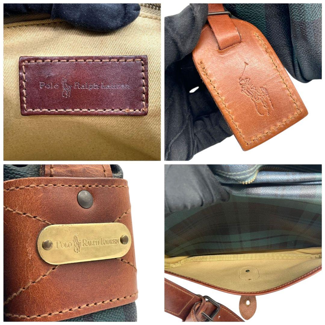 POLO RALPH LAUREN ポロラルフローレン ショルダーバッグ グリーン 緑 タータンチェック PVC レザー 本革 ロゴプレート ポニーロゴ ゴールド金具 斜め掛け可 クロスボディ u11 メンズ レディース ユニセックス