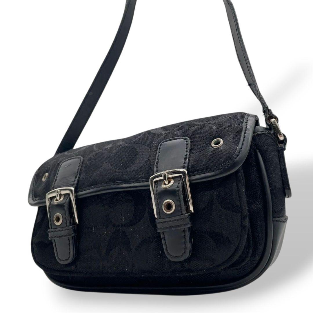 コーチ ショルダーバッグ 黒 シグネチャー フラップ 斜め掛け可 レザー s91 ブラック シルバー金具 本革 キャンバス COACH K3U-6844 オシャレ 本物保証 鑑定済 スピード発送