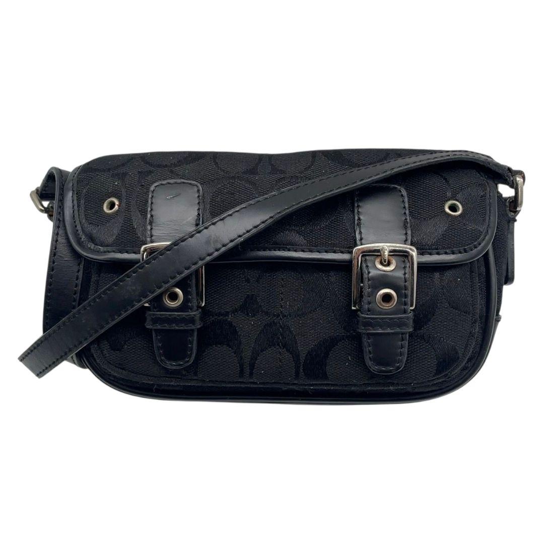 コーチ ショルダーバッグ 黒 シグネチャー フラップ 斜め掛け可 レザー s91 ブラック シルバー金具 本革 キャンバス COACH K3U-6844 オシャレ 本物保証 鑑定済 スピード発送