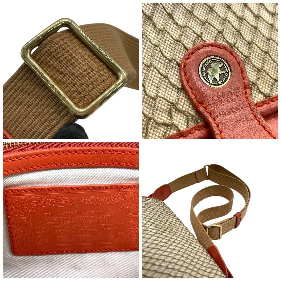 国内タイトルハンティングワールド ショルダーバッグ ベージュ レッド フラップ キャンバス レザー 斜め掛け可 ゴールド金具 ロゴ 本革 オレンジ 肩掛け可 HUNTING WORLD