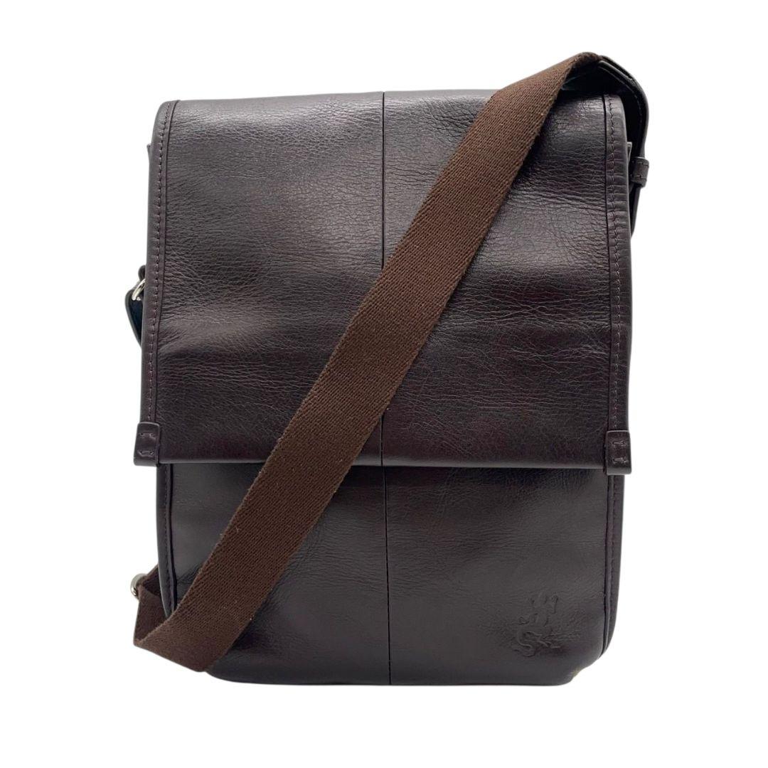 美品 アニエスベー ショルダーバッグ 茶 ブラウン ベージュ バイカラー フラップ レザー 本革 キャンバス 斜め掛け可 シルバー金具 ロゴ s20