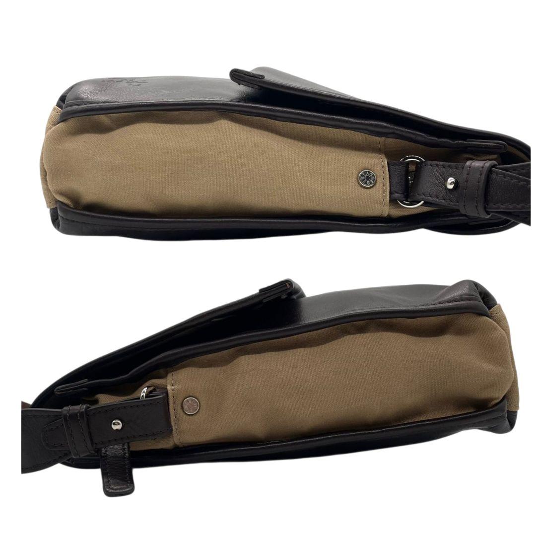 美品 アニエスベー ショルダーバッグ 茶 ブラウン ベージュ バイカラー フラップ レザー 本革 キャンバス 斜め掛け可 シルバー金具 ロゴ s20