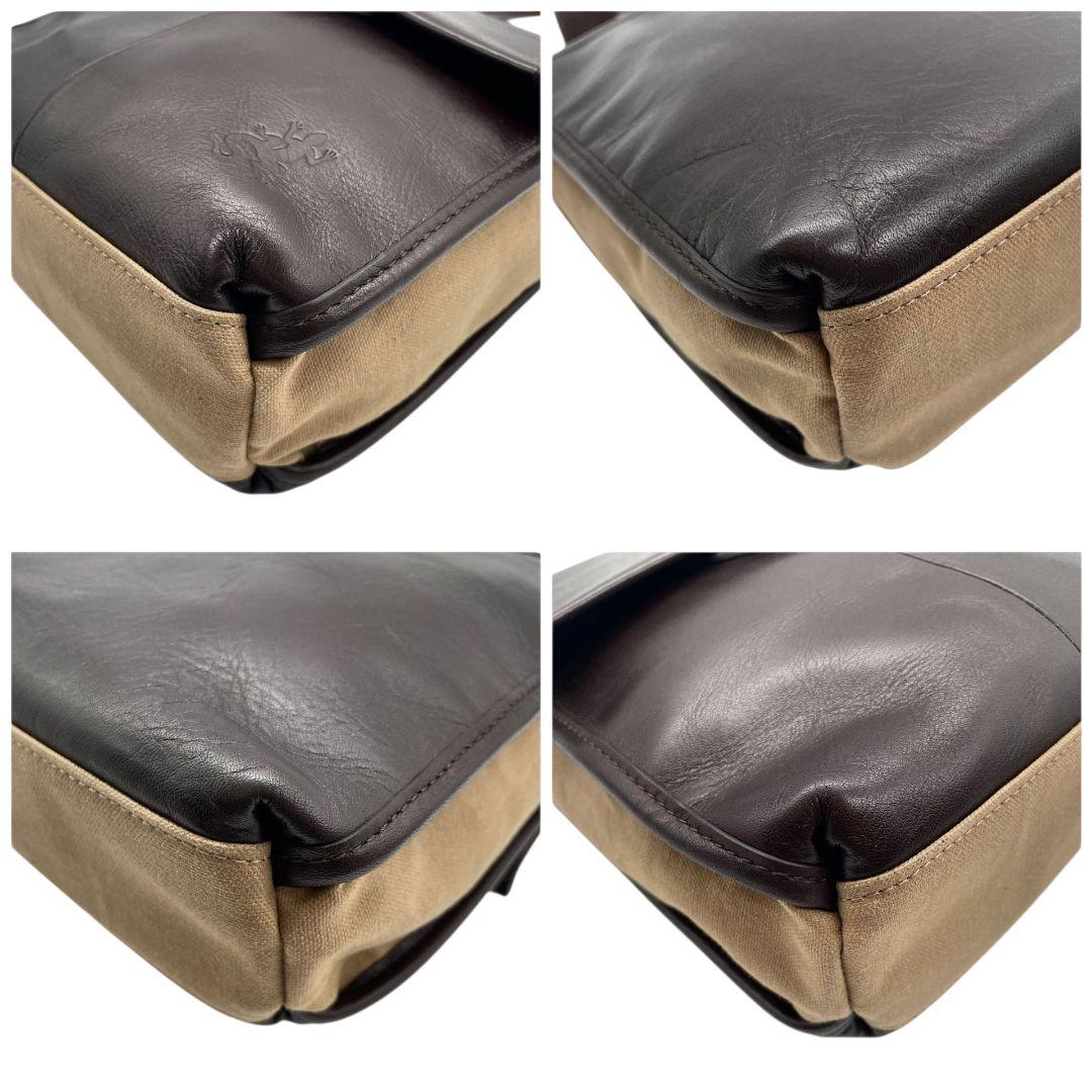 美品 アニエスベー ショルダーバッグ 茶 ブラウン ベージュ バイカラー フラップ レザー 本革 キャンバス 斜め掛け可 シルバー金具 ロゴ s20