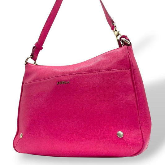 フルラ FURLA ショルダーバッグ ピンク ロゴ レザー 本革 斜め掛け可 チャーム付き ゴールド金具 シルバー金具 ロゴプレート T1 レディース