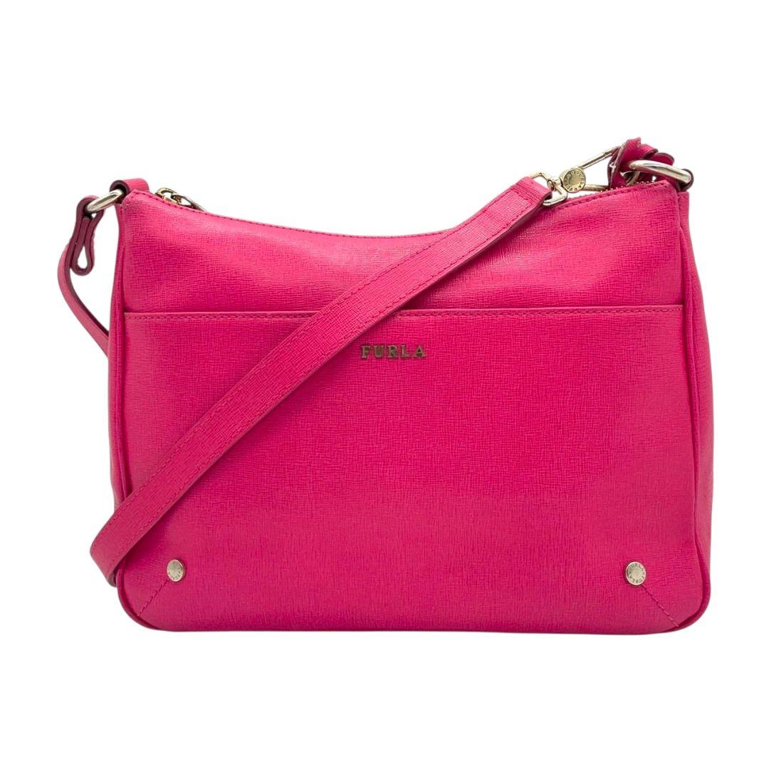 フルラ FURLA ショルダーバッグ ピンク ロゴ レザー 本革 斜め掛け可 チャーム付き ゴールド金具 シルバー金具 ロゴプレート T1 レディース