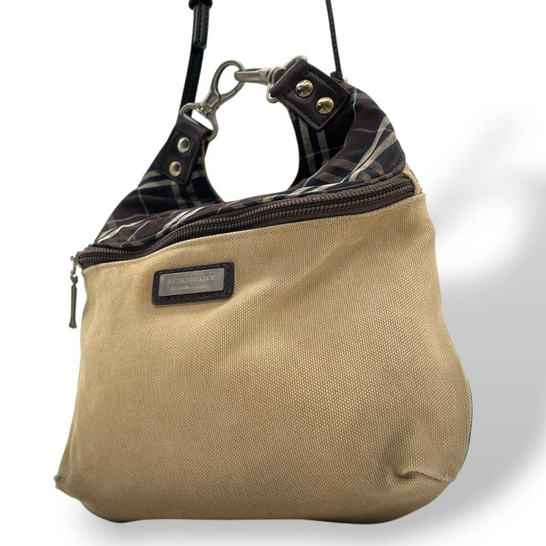 バーバリーブラックレーベル BURBERRY BLACK LABEL ショルダーバッグ 斜め掛け可 ベージュ ブラウン ブラック キャンバス レザー 本革 ロゴプレート メンズ