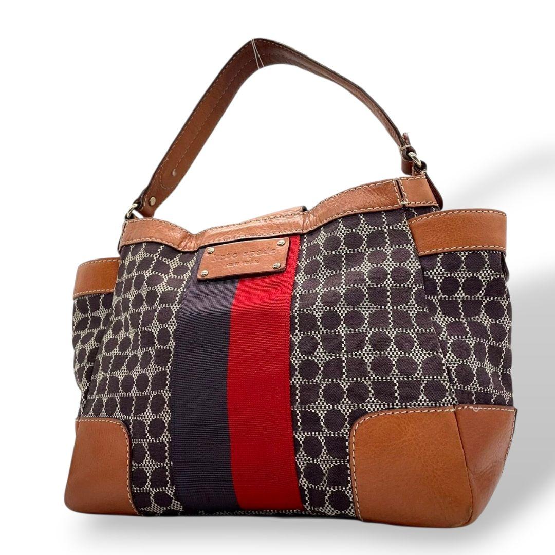 ケイトスペード kate spade ハンドバッグ 茶 ブラウン 総柄 A4収納 ワンショルダー トートバッグ キャンバス レザー 本革 肩掛け可 ロゴプレート T1 レディース