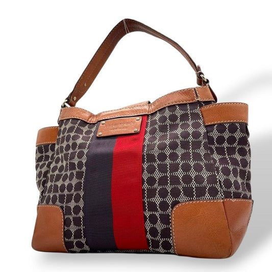 ケイトスペード kate spade ハンドバッグ 茶 ブラウン 総柄 A4収納 ワンショルダー トートバッグ キャンバス レザー 本革 肩掛け可 ロゴプレート T1 レディース