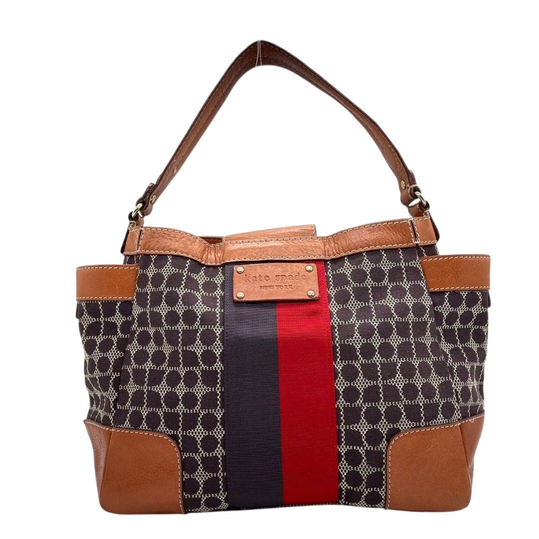 ケイトスペード kate spade ハンドバッグ 茶 ブラウン 総柄 A4収納 ワンショルダー トートバッグ キャンバス レザー 本革 肩掛け可 ロゴプレート T1 レディース