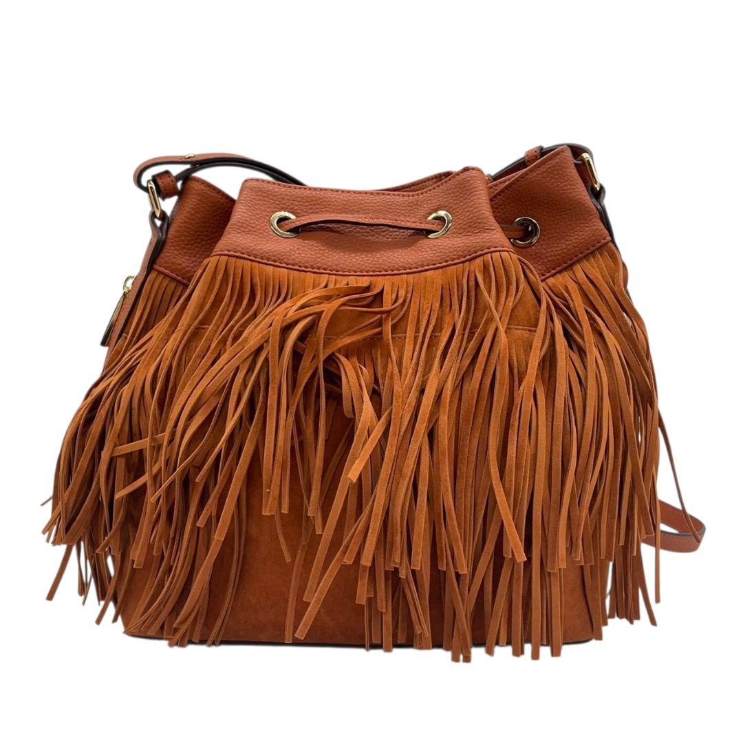 サマンサベガ ショルダーバッグ オレンジ ブラウン 茶 フリンジ 巾着 斜め掛け可 スウェード レザー 本革 ゴールド金具 チャーム付き ロゴ s16 Samantha Vega
