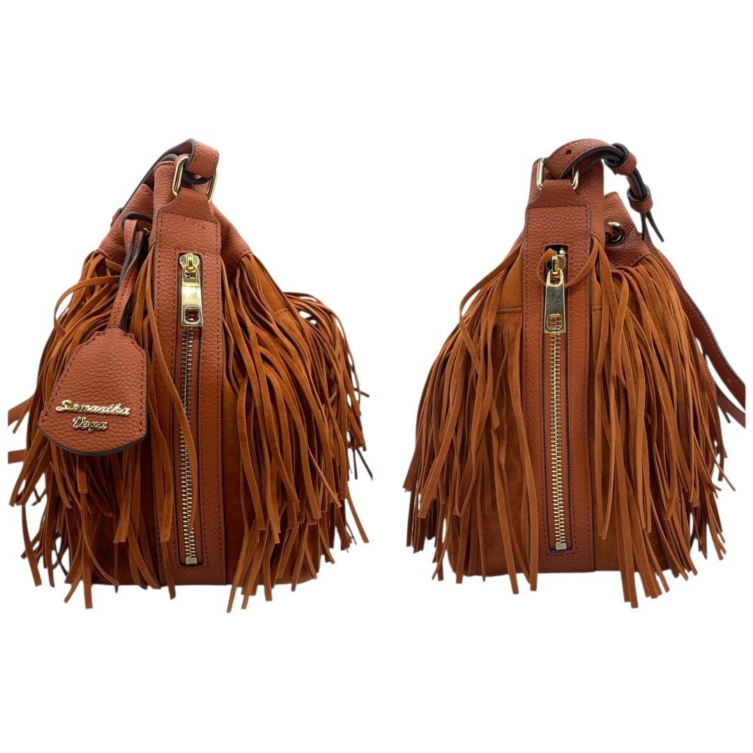 サマンサベガ ショルダーバッグ オレンジ ブラウン 茶 フリンジ 巾着 斜め掛け可 スウェード レザー 本革 ゴールド金具 チャーム付き ロゴ s16 Samantha Vega