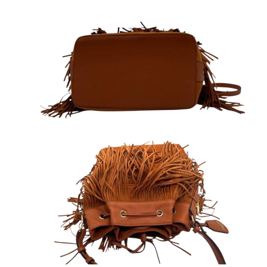 サマンサベガ ショルダーバッグ オレンジ ブラウン 茶 フリンジ 巾着 斜め掛け可 スウェード レザー 本革 ゴールド金具 チャーム付き ロゴ s16 Samantha Vega