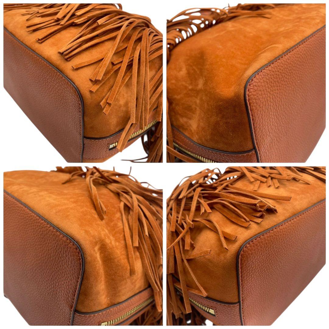 サマンサベガ ショルダーバッグ オレンジ ブラウン 茶 フリンジ 巾着 斜め掛け可 スウェード レザー 本革 ゴールド金具 チャーム付き ロゴ s16 Samantha Vega