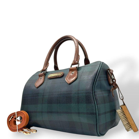 美品 POLO RALPH LAUREN ポロラルフローレン ミニボストン 2way ショルダー 斜め掛け可 タータンチェック PVC レザー 本革 自立可 グリーン ネイビー ロゴ N