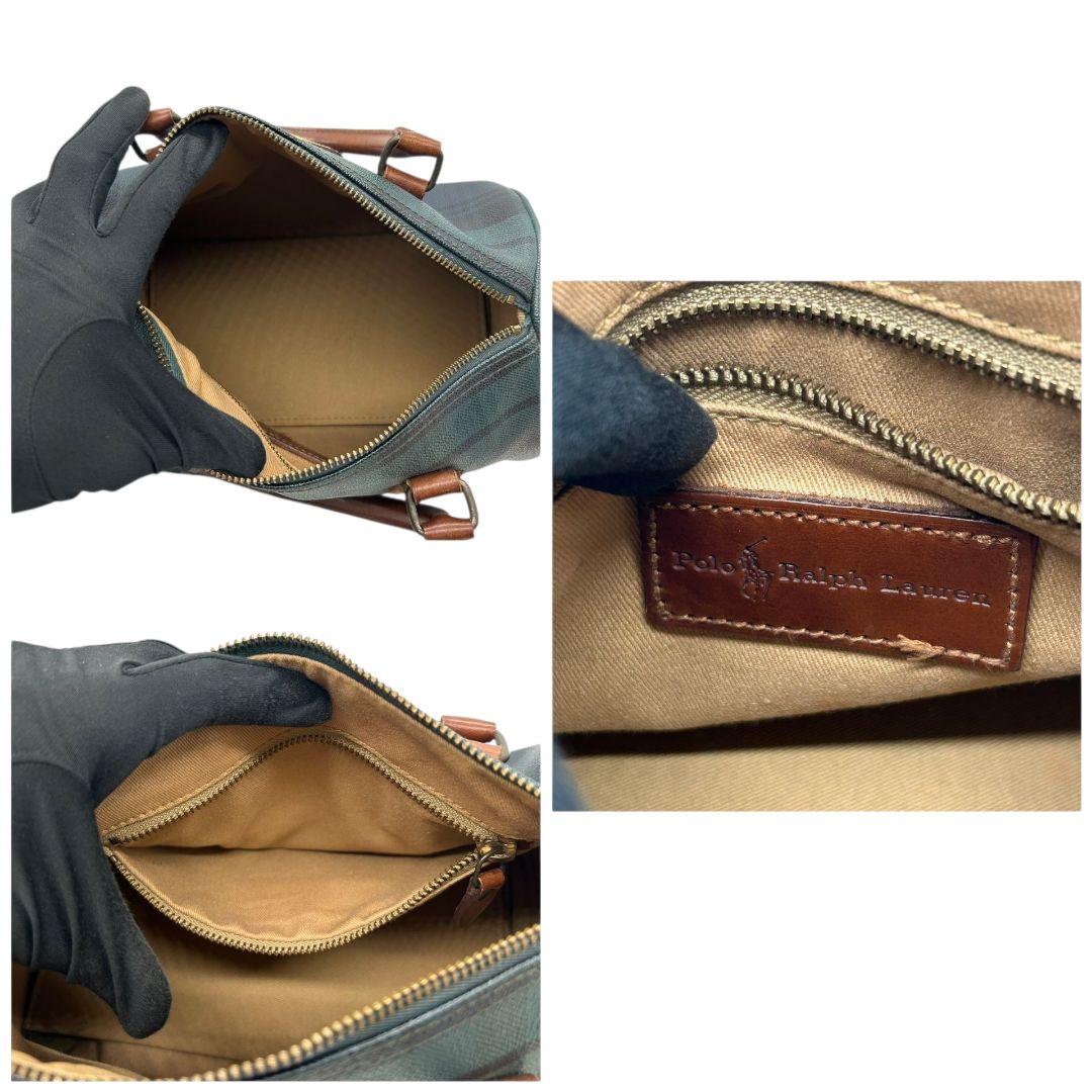 美品 POLO RALPH LAUREN ポロラルフローレン ミニボストン 2way ショルダー 斜め掛け可 タータンチェック PVC レザー 本革 自立可 グリーン ネイビー ロゴ N