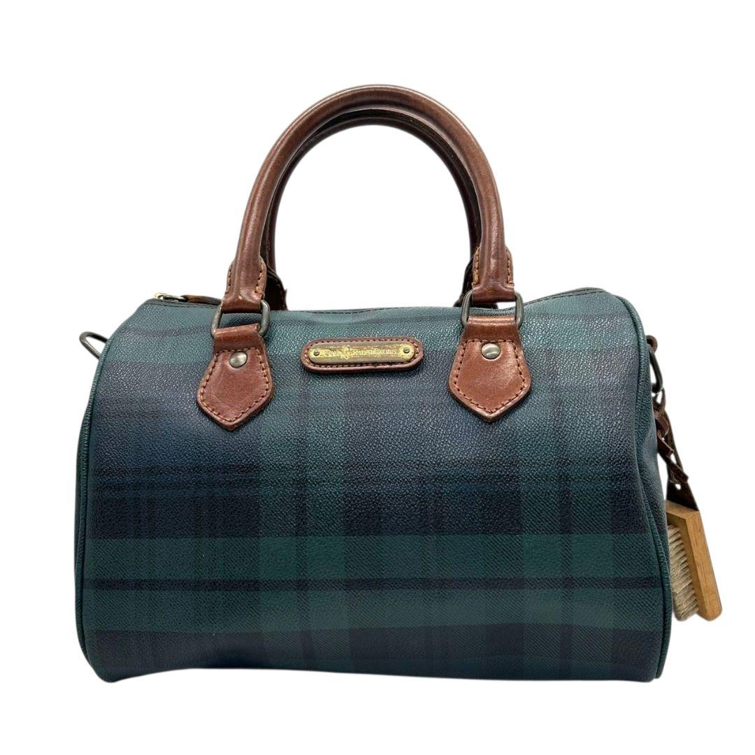 美品 POLO RALPH LAUREN ポロラルフローレン ミニボストン 2way ショルダー 斜め掛け可 タータンチェック PVC レザー 本革 自立可 グリーン ネイビー ロゴ N