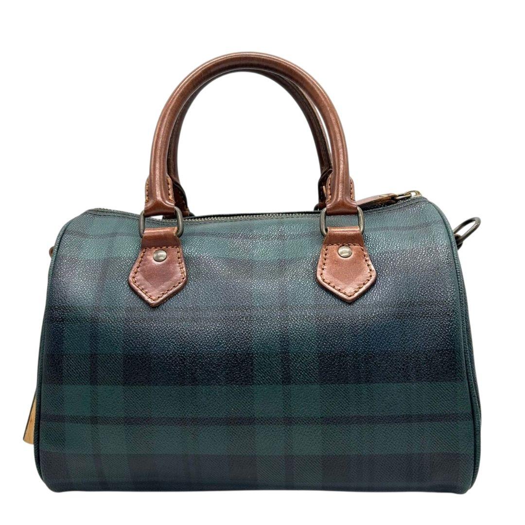 美品 POLO RALPH LAUREN ポロラルフローレン ミニボストン 2way ショルダー 斜め掛け可 タータンチェック PVC レザー 本革 自立可 グリーン ネイビー ロゴ N