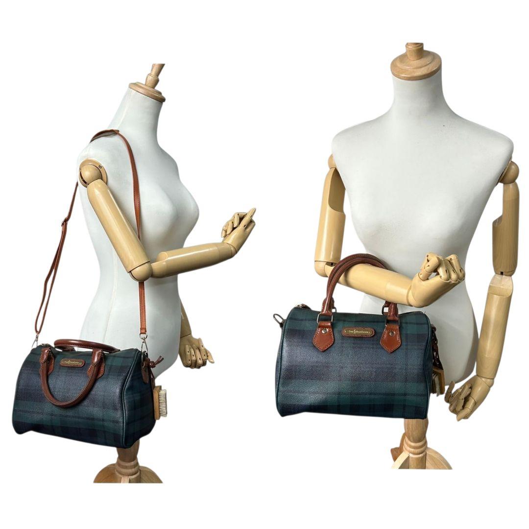 美品 POLO RALPH LAUREN ポロラルフローレン ミニボストン 2way ショルダー 斜め掛け可 タータンチェック PVC レザー 本革 自立可 グリーン ネイビー ロゴ N