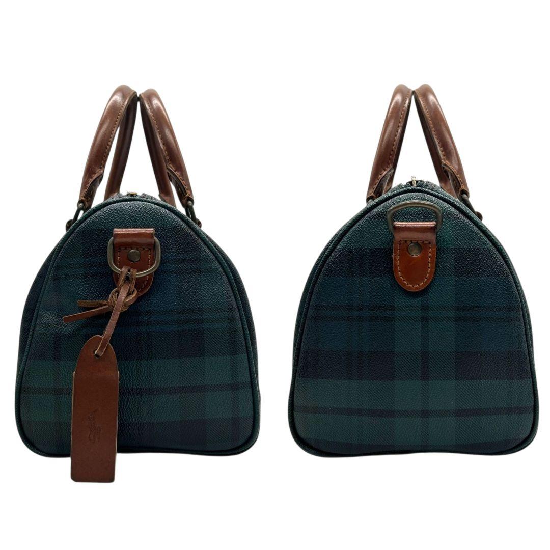 美品 POLO RALPH LAUREN ポロラルフローレン ミニボストン 2way ショルダー 斜め掛け可 タータンチェック PVC レザー 本革 自立可 グリーン ネイビー ロゴ N