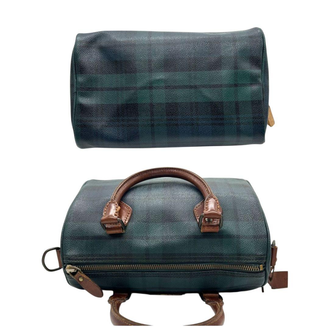 美品 POLO RALPH LAUREN ポロラルフローレン ミニボストン 2way ショルダー 斜め掛け可 タータンチェック PVC レザー 本革 自立可 グリーン ネイビー ロゴ N