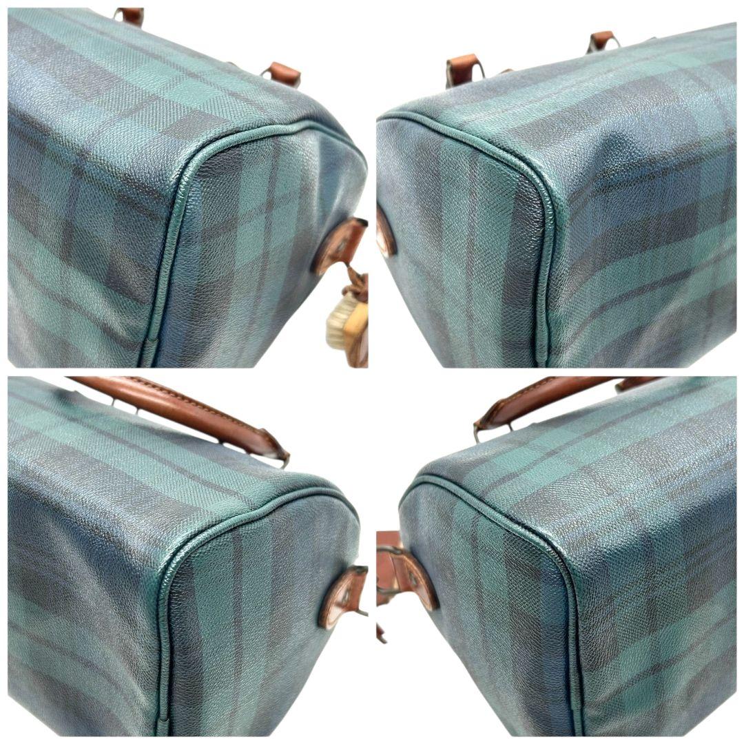 美品 POLO RALPH LAUREN ポロラルフローレン ミニボストン 2way ショルダー 斜め掛け可 タータンチェック PVC レザー 本革 自立可 グリーン ネイビー ロゴ N
