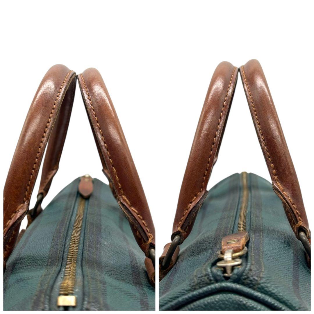 美品 POLO RALPH LAUREN ポロラルフローレン ミニボストン 2way ショルダー 斜め掛け可 タータンチェック PVC レザー 本革 自立可 グリーン ネイビー ロゴ N