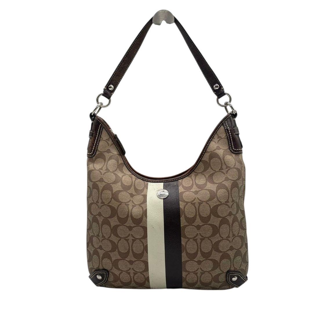 コーチ　ショルダーバッグ　茶　シグネチャー　ストライプ　PVC　2way　s9　A4収納　斜め掛け可　トートバッグ　ハンドバッグ　ワンショルダー　ブラウン　シルバー金具　ロゴプレート　レザー　本革　COACH　F14476