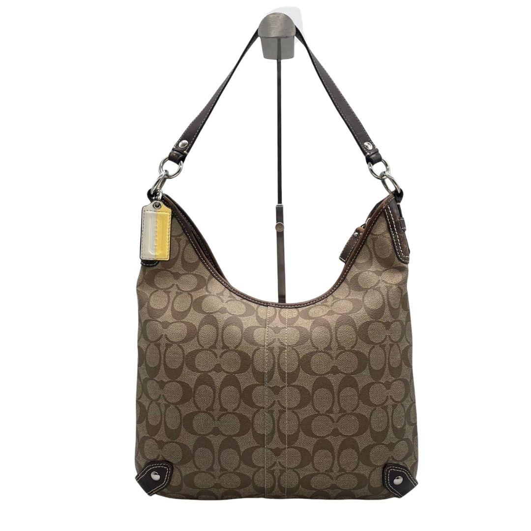 コーチ　ショルダーバッグ　茶　シグネチャー　ストライプ　PVC　2way　s9　A4収納　斜め掛け可　トートバッグ　ハンドバッグ　ワンショルダー　ブラウン　シルバー金具　ロゴプレート　レザー　本革　COACH　F14476