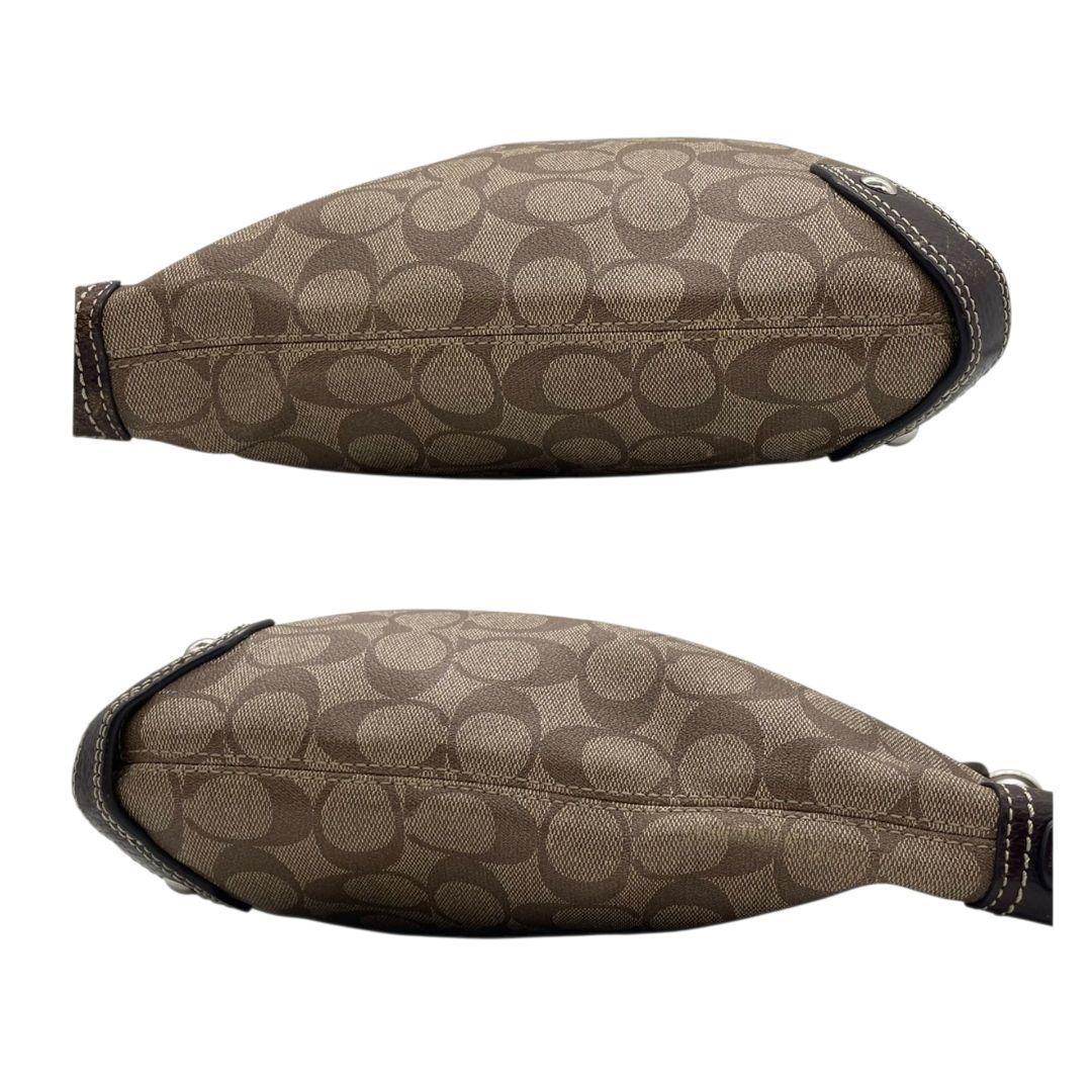 コーチ　ショルダーバッグ　茶　シグネチャー　ストライプ　PVC　2way　s9　A4収納　斜め掛け可　トートバッグ　ハンドバッグ　ワンショルダー　ブラウン　シルバー金具　ロゴプレート　レザー　本革　COACH　F14476