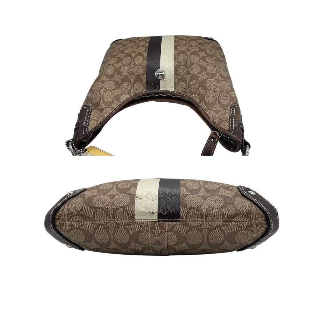 コーチ　ショルダーバッグ　茶　シグネチャー　ストライプ　PVC　2way　s9　A4収納　斜め掛け可　トートバッグ　ハンドバッグ　ワンショルダー　ブラウン　シルバー金具　ロゴプレート　レザー　本革　COACH　F14476