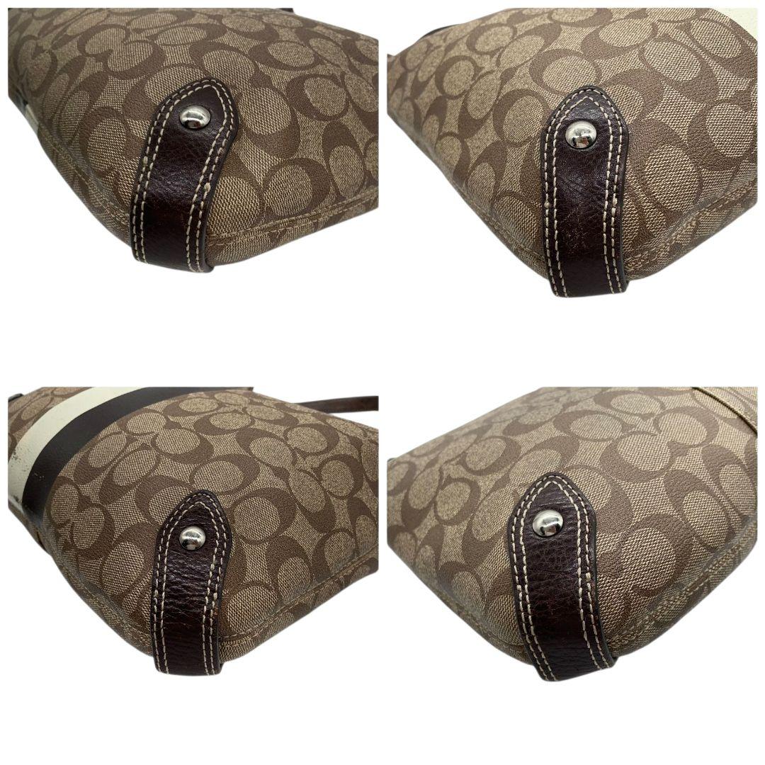 コーチ　ショルダーバッグ　茶　シグネチャー　ストライプ　PVC　2way　s9　A4収納　斜め掛け可　トートバッグ　ハンドバッグ　ワンショルダー　ブラウン　シルバー金具　ロゴプレート　レザー　本革　COACH　F14476