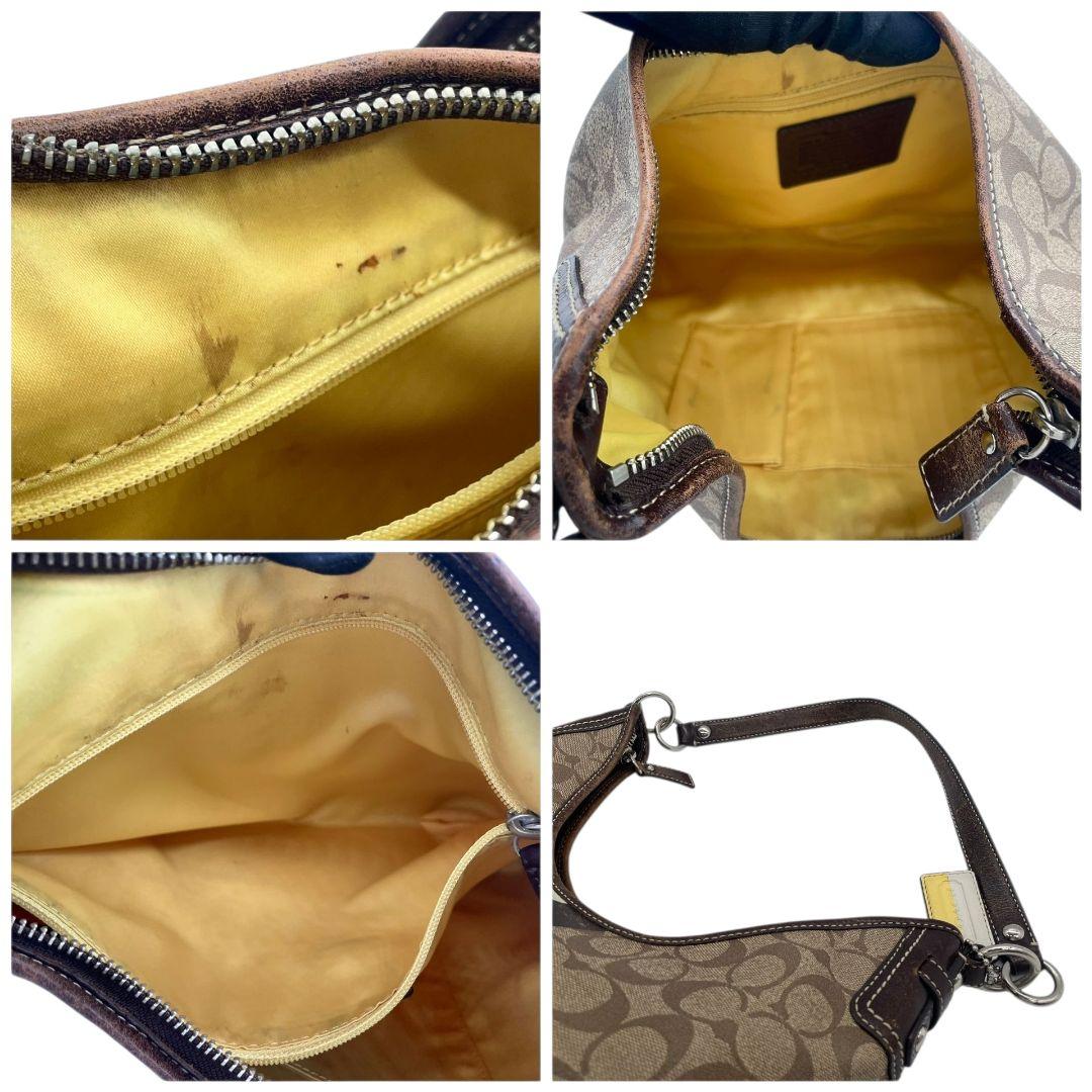 コーチ　ショルダーバッグ　茶　シグネチャー　ストライプ　PVC　2way　s9　A4収納　斜め掛け可　トートバッグ　ハンドバッグ　ワンショルダー　ブラウン　シルバー金具　ロゴプレート　レザー　本革　COACH　F14476