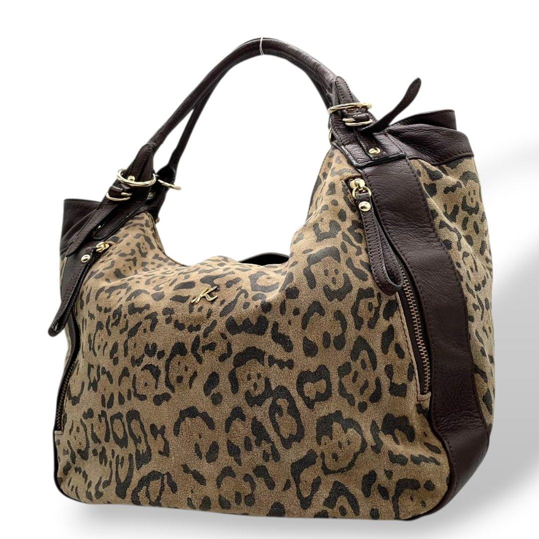 Kitamura キタムラ ハンドバッグ ブラウン 茶 ヒョウ柄 レオパード A4収納 トートバッグ ワンショル スエード レザー 本革 肩掛け可 ゴールド金具 ロゴ T7 上品 高級感