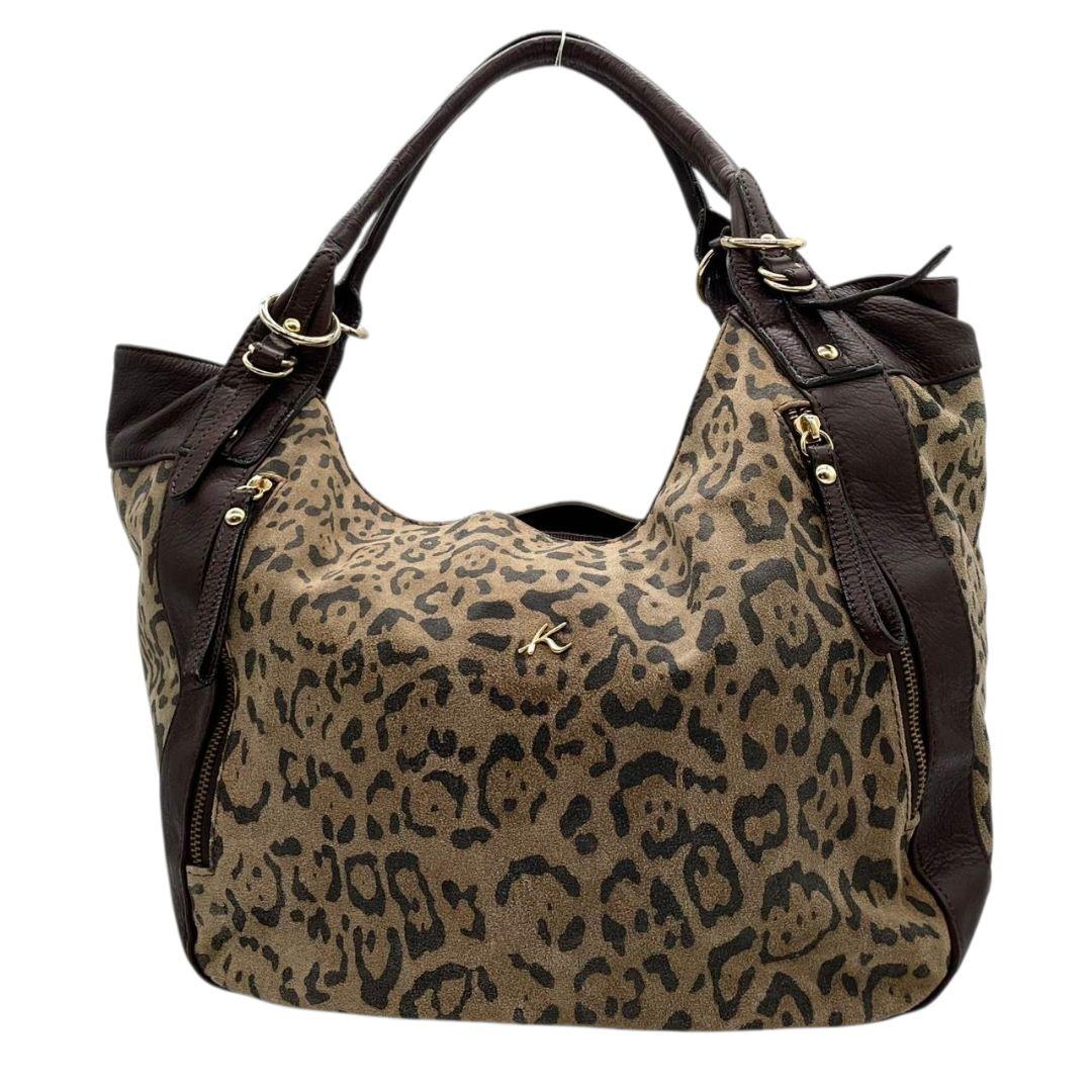 Kitamura キタムラ ハンドバッグ ブラウン 茶 ヒョウ柄 レオパード A4収納 トートバッグ ワンショル スエード レザー 本革 肩掛け可 ゴールド金具 ロゴ T7 上品 高級感