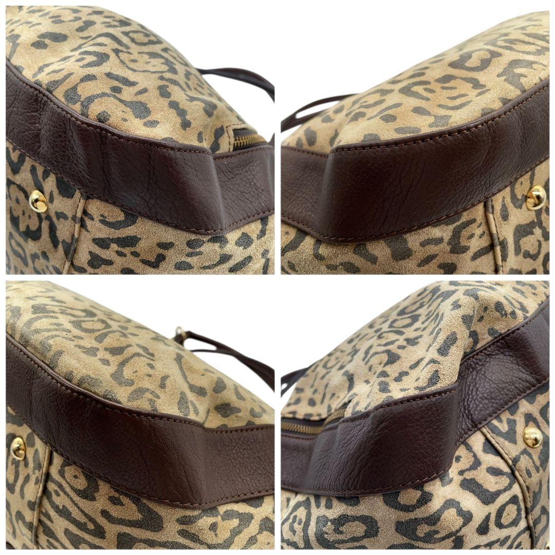 Kitamura キタムラ ハンドバッグ ブラウン 茶 ヒョウ柄 レオパード A4収納 トートバッグ ワンショル スエード レザー 本革 肩掛け可 ゴールド金具 ロゴ T7 上品 高級感