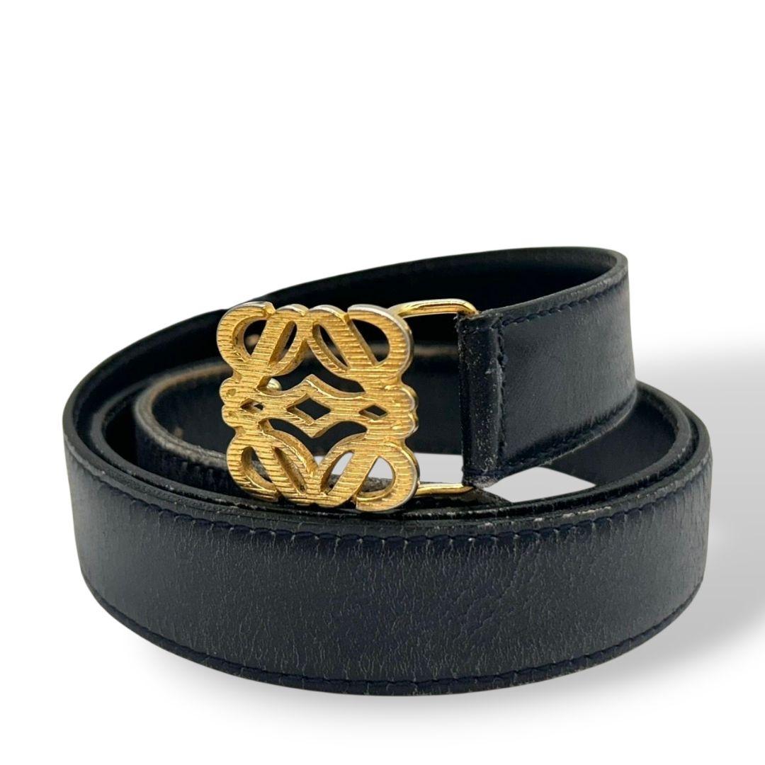 LOEWE ロエベ レザーベルト ネイビー アナグラムロゴ ゴールド金具 本革 px-3