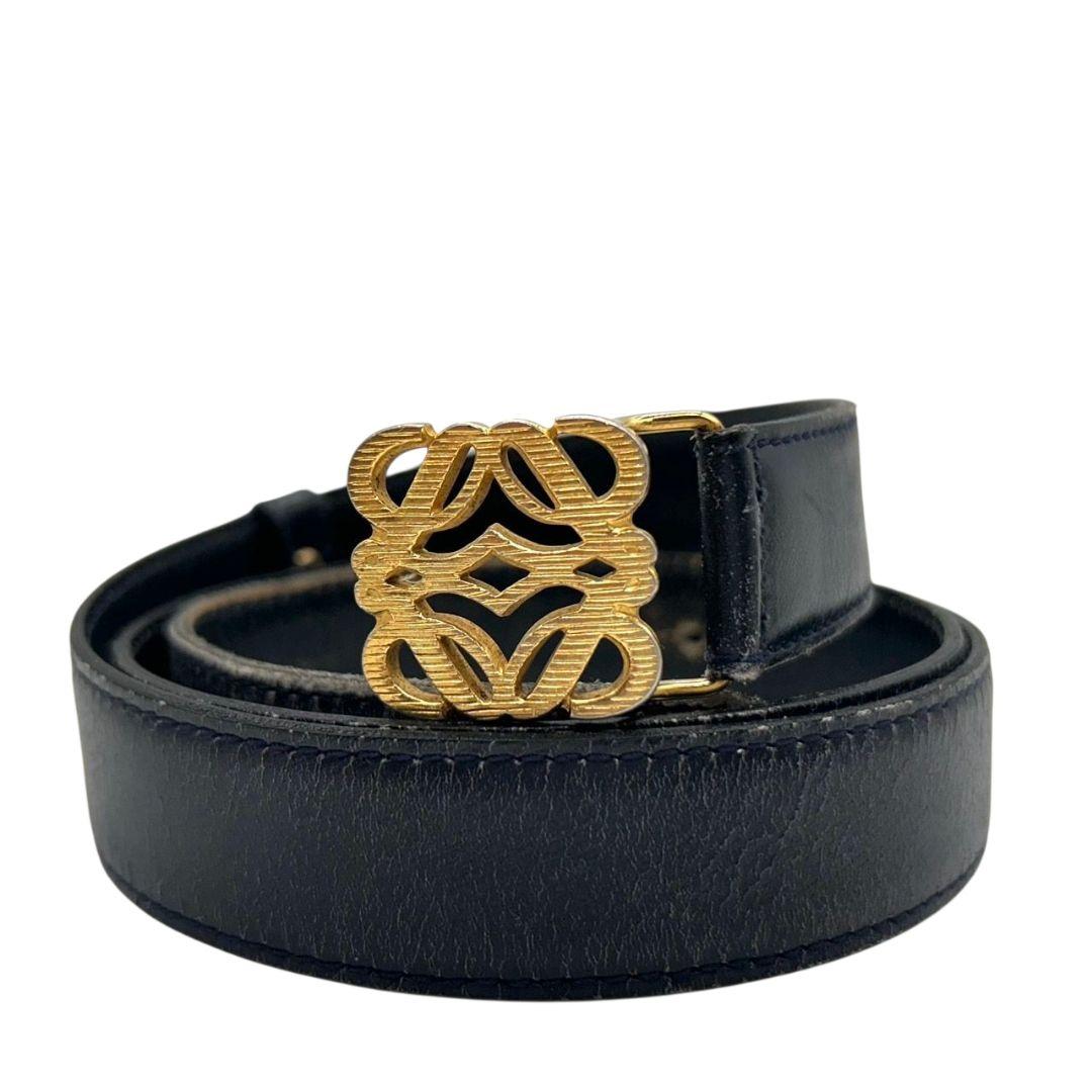 LOEWE ロエベ レザーベルト ネイビー アナグラムロゴ ゴールド金具 本革 px-3
