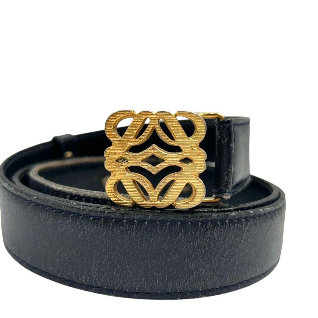 LOEWE ロエベ レザーベルト ネイビー アナグラムロゴ ゴールド金具 本革 px-3