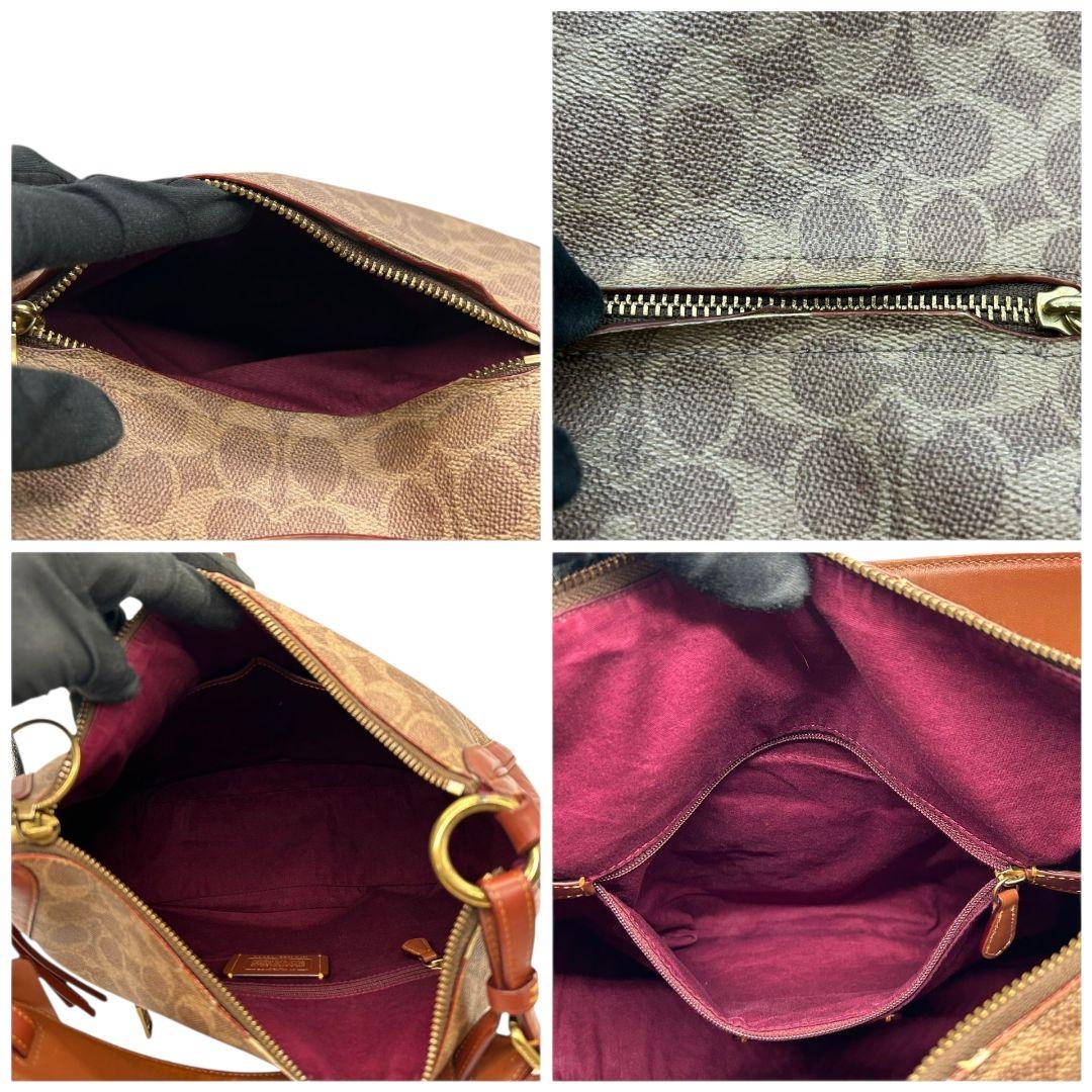 コーチ　ショルダーバッグ　茶　シグネチャー　ホーボー　2way　本革　s36　ハンドバッグ　トートバッグ　レザー　ワンショル　キャンバス　ブラウン　A4収納　斜め掛け可　チャーム付き　ゴールド金具　COACH　38580