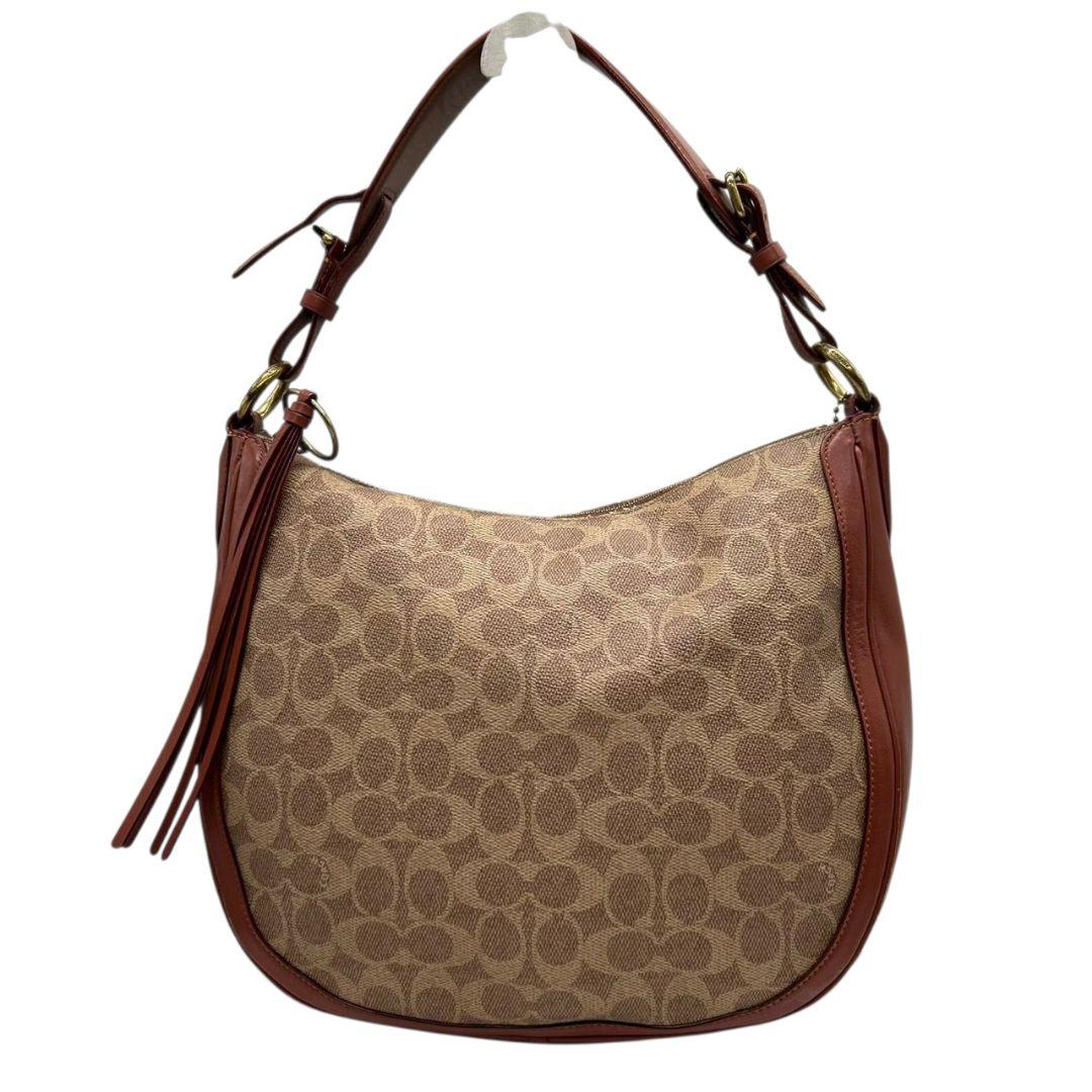 コーチ　ショルダーバッグ　茶　シグネチャー　ホーボー　2way　本革　s36　ハンドバッグ　トートバッグ　レザー　ワンショル　キャンバス　ブラウン　A4収納　斜め掛け可　チャーム付き　ゴールド金具　COACH　38580