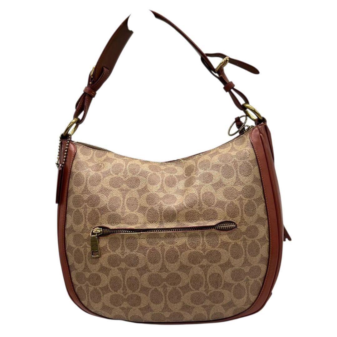 コーチ　ショルダーバッグ　茶　シグネチャー　ホーボー　2way　本革　s36　ハンドバッグ　トートバッグ　レザー　ワンショル　キャンバス　ブラウン　A4収納　斜め掛け可　チャーム付き　ゴールド金具　COACH　38580