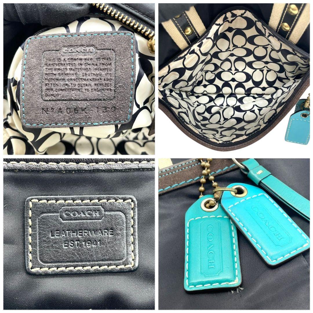 コーチ トートバッグ 黒 ワンショルダー ナイロン レザー チャーム付き u7 ハンドバッグ 肩掛け可 肩かけ可 ブラック ゴールド金具 ロゴプレート 本革 139