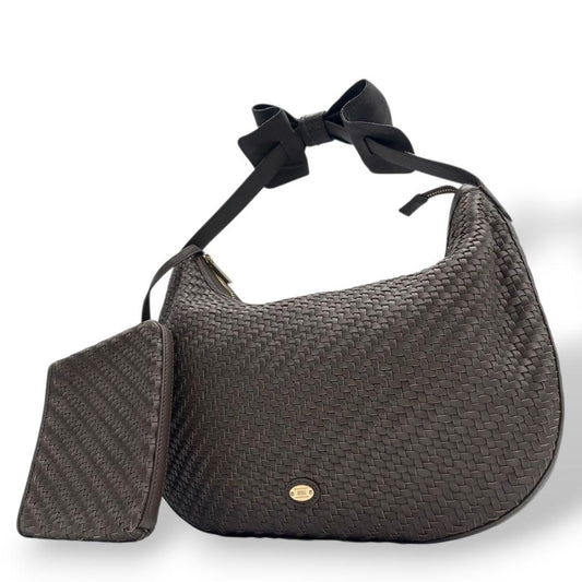 美品　アルマーニコレツィオーニ　ショルダーバッグ　茶　s23　編み込み　ワンショルダー　肩掛け可　レザー　本革　ブラウン　ポーチ付き　リボン　ロゴプレート　ゴールド金具　ARMANI COLLEZIONI