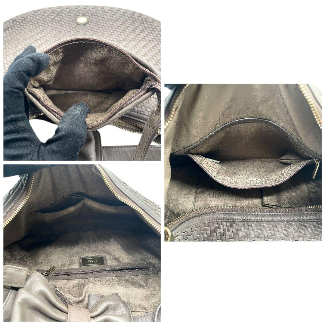 美品　アルマーニコレツィオーニ　ショルダーバッグ　茶　s23　編み込み　ワンショルダー　肩掛け可　レザー　本革　ブラウン　ポーチ付き　リボン　ロゴプレート　ゴールド金具　ARMANI COLLEZIONI