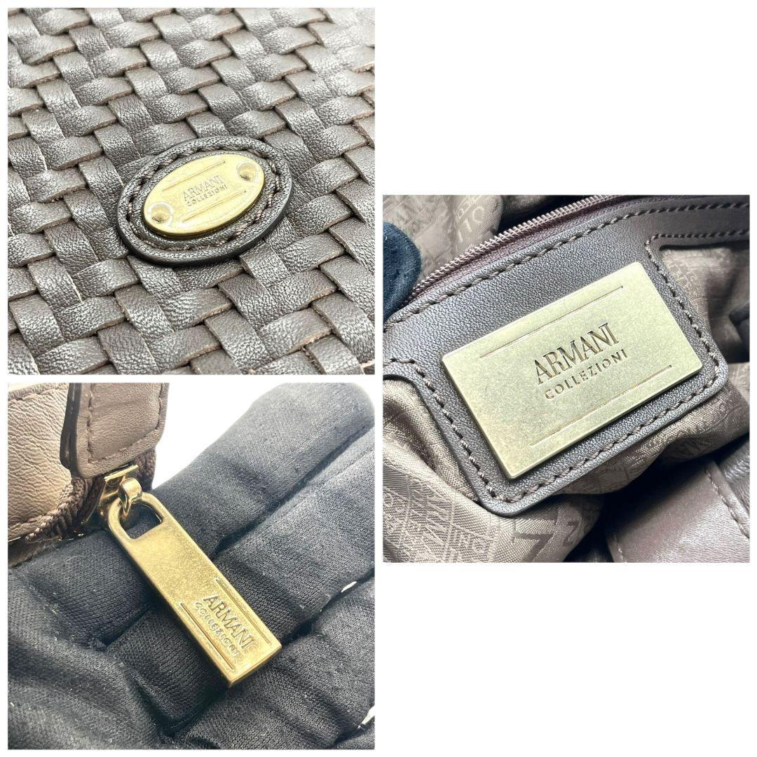 美品　アルマーニコレツィオーニ　ショルダーバッグ　茶　s23　編み込み　ワンショルダー　肩掛け可　レザー　本革　ブラウン　ポーチ付き　リボン　ロゴプレート　ゴールド金具　ARMANI COLLEZIONI