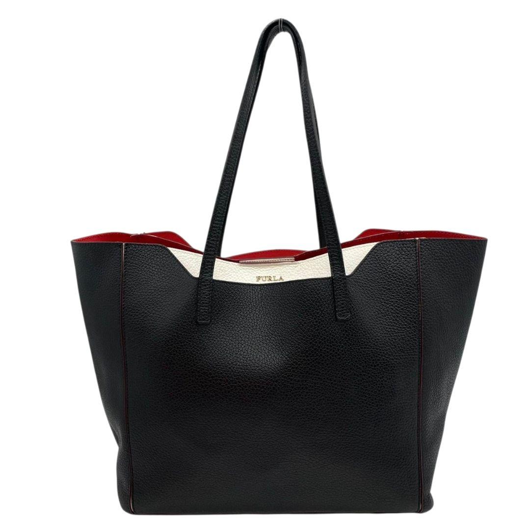 フルラ トートバッグ 黒 ロゴプレート A4収納 ワンショル レザー s80 ハンドバッグ 本革 肩掛け可 肩かけ可 ブラック ホワイト ゴールド金具 FURLA