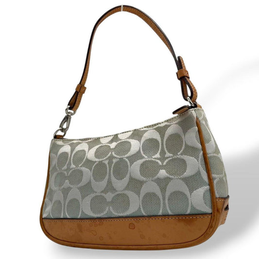 コーチ ハンドバッグ 緑 グリーン シグネチャー ワンショルダー トートバッグ キャンバス レザー 本革 ブラウン 茶色 シルバー金具 M1J-6094 肩掛け可 オシャレ 本物保証 鑑定済 スピード発送