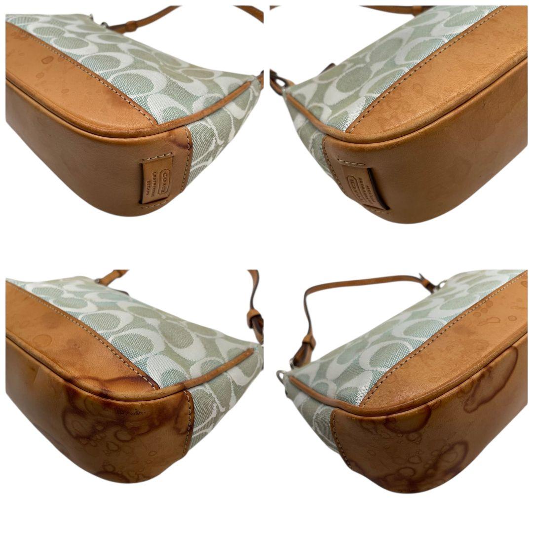 コーチ ハンドバッグ 緑 グリーン シグネチャー ワンショルダー トートバッグ キャンバス レザー 本革 ブラウン 茶色 シルバー金具 M1J-6094 肩掛け可 オシャレ 本物保証 鑑定済 スピード発送